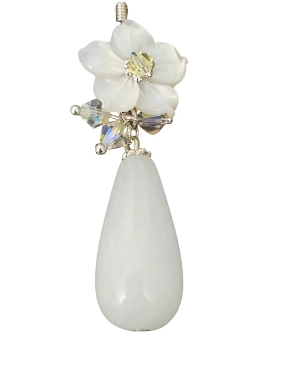 Handmade White Flower Drop Earrings Crystal Beaded Dangle Teardrop Elegant...